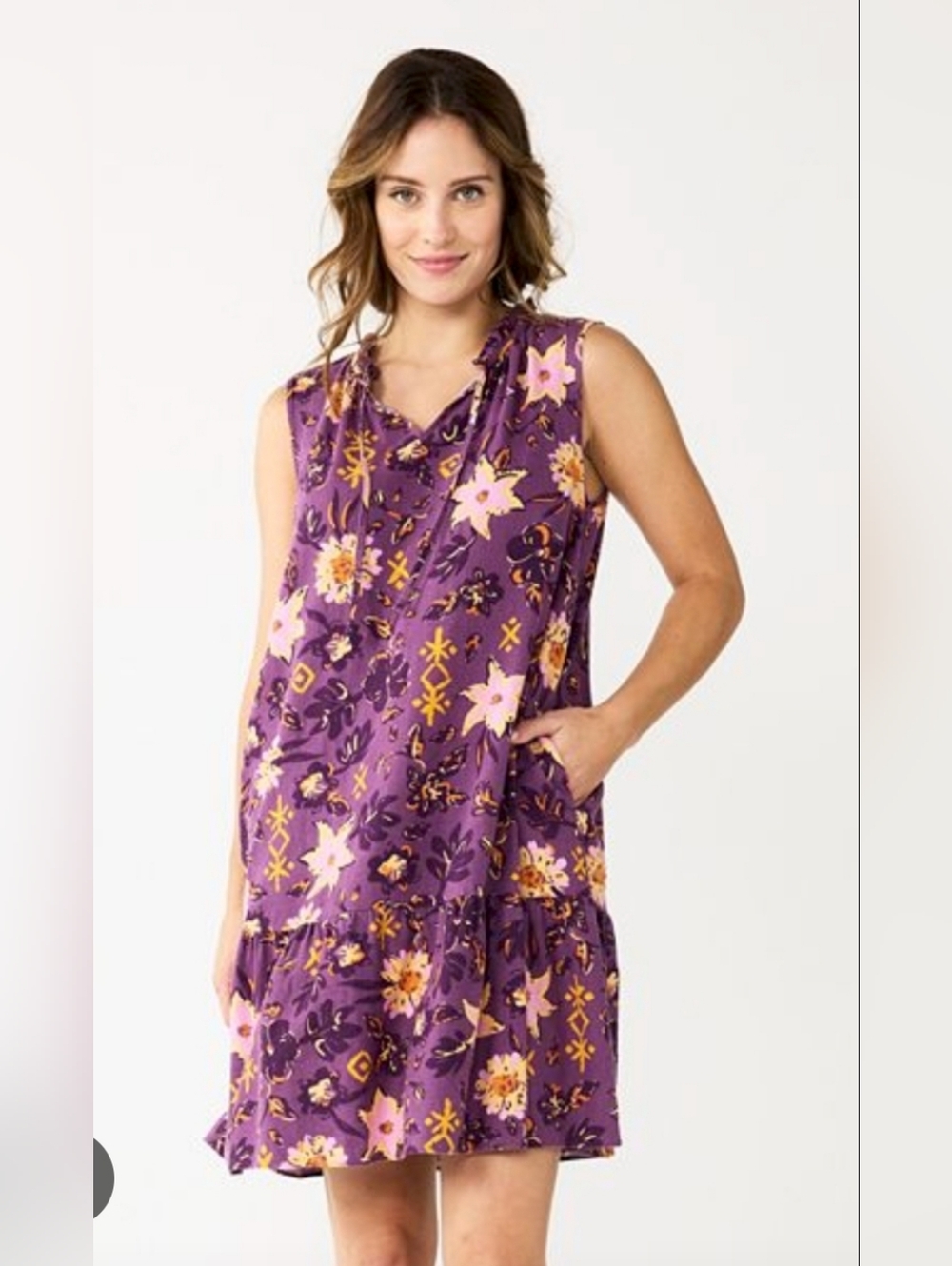 NEW Sonoma Sleeveless Linen Ruffle Dress In Plum Golden Floral Size XL NWT